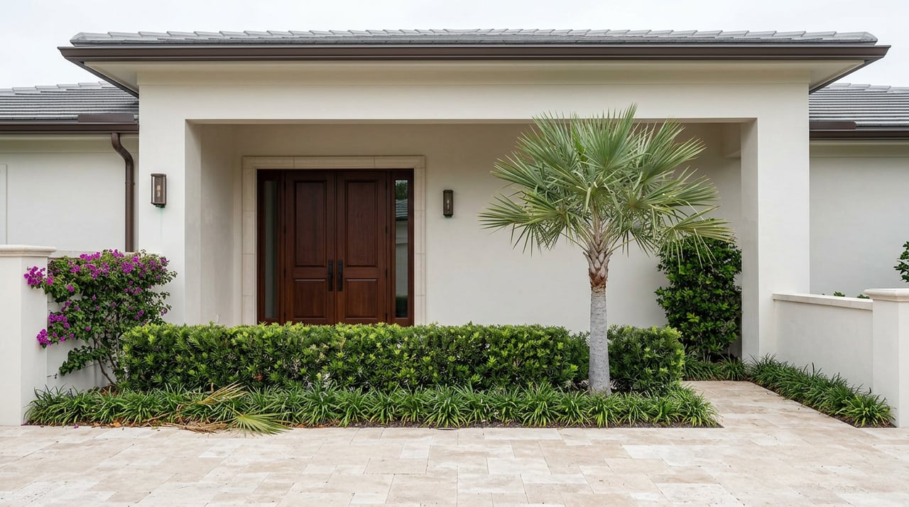 Custom home entry with a dark double door, paver path, palm, and flowering bougainvillea.