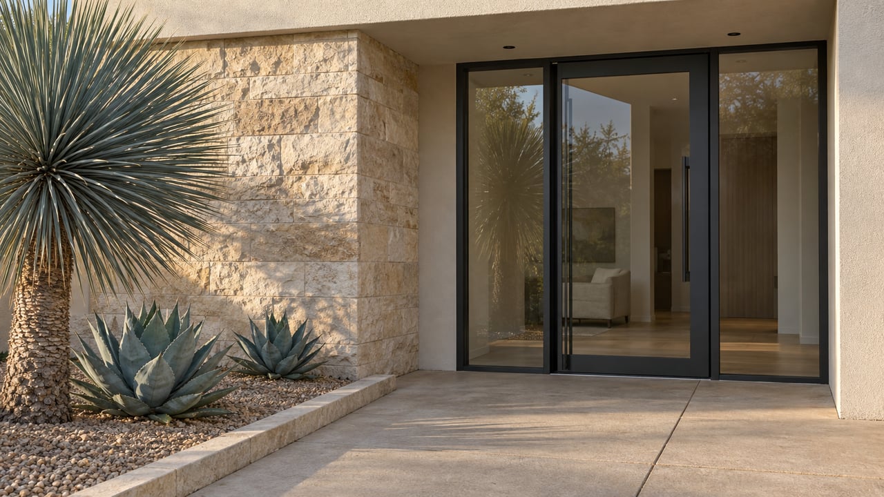 Sunlit limestone and ivory stucco frame a glazed residential entrance beside a sculptural yucca and two agaves.