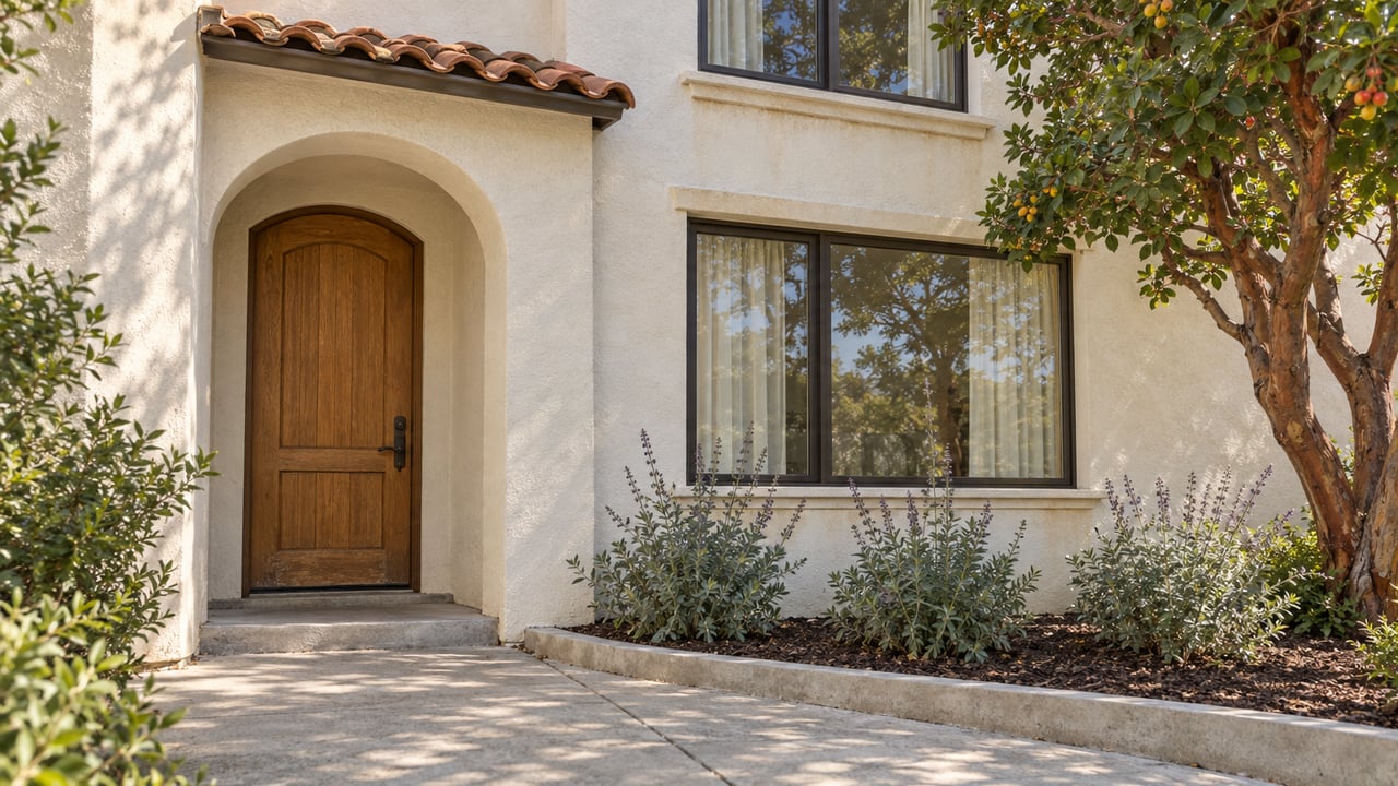 Sunlit ivory stucco home with a recessed arched oak entrance, bronze-framed windows, clay roof tiles, and a concrete approach edged by strawberry tree and Cleveland sage.