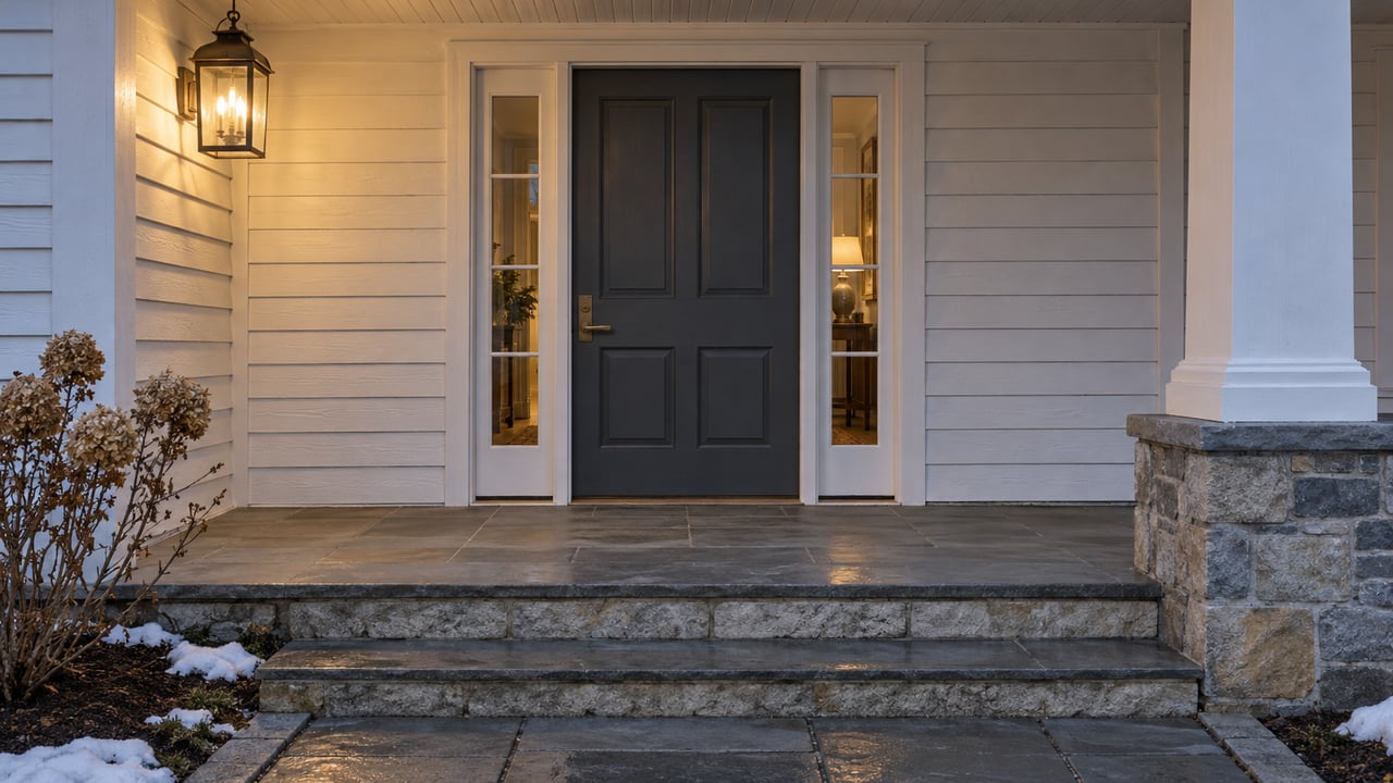 A softly illuminated white clapboard entrance with charcoal door, paired sidelights, bluestone landing and melting snow beside the stone approach.
