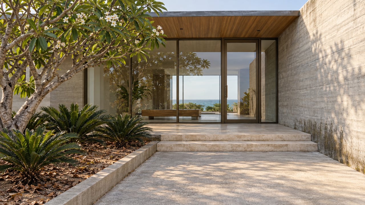 A shaded modern home entrance with teak soffits, stone steps and bronze-framed glass beside a flowering frangipani tree.