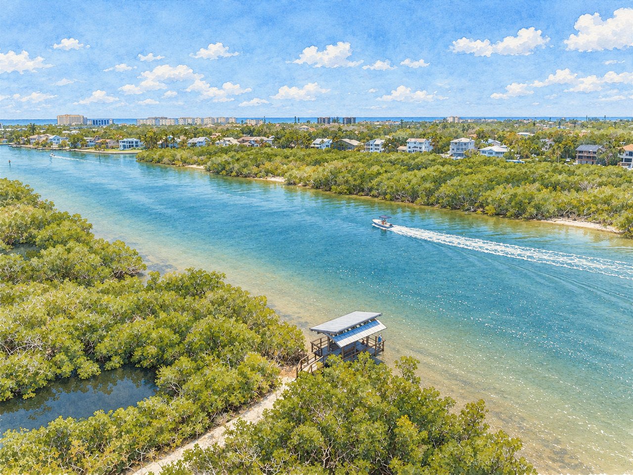 Waterfront neighborhood along a mangrove-lined channel, with a boat and covered dock in the foreground.
