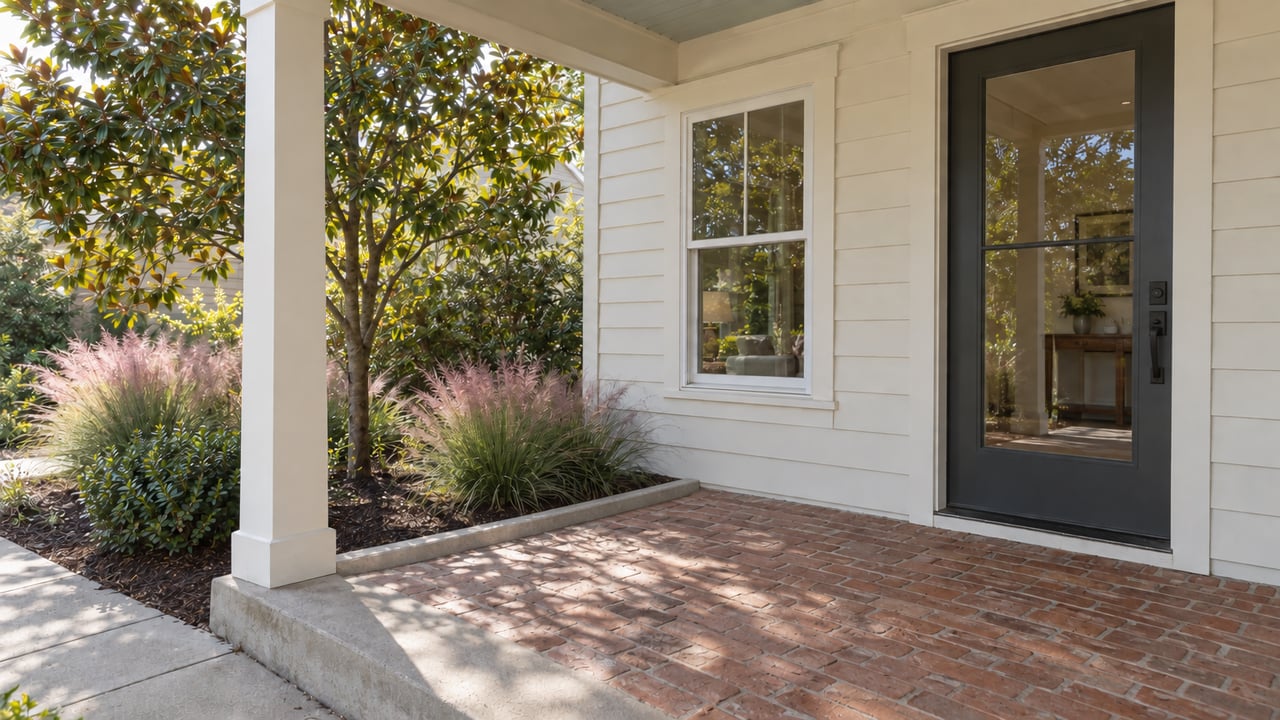 Clay-brick porch beside a dark mulched garden bed, separated by a narrow raised concrete curb.