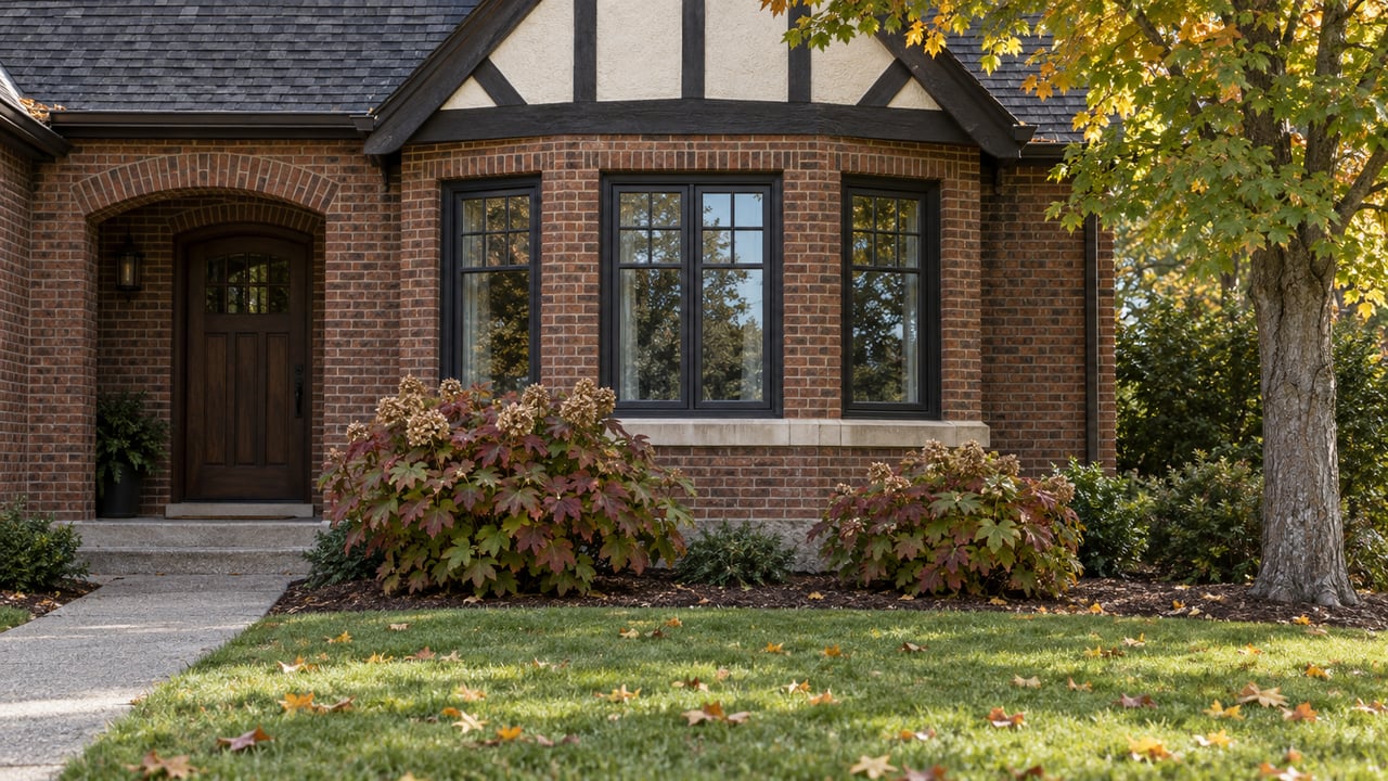 Autumn light on a brick home's gabled window bay and recessed entry, with maple leaves scattered across the front lawn.