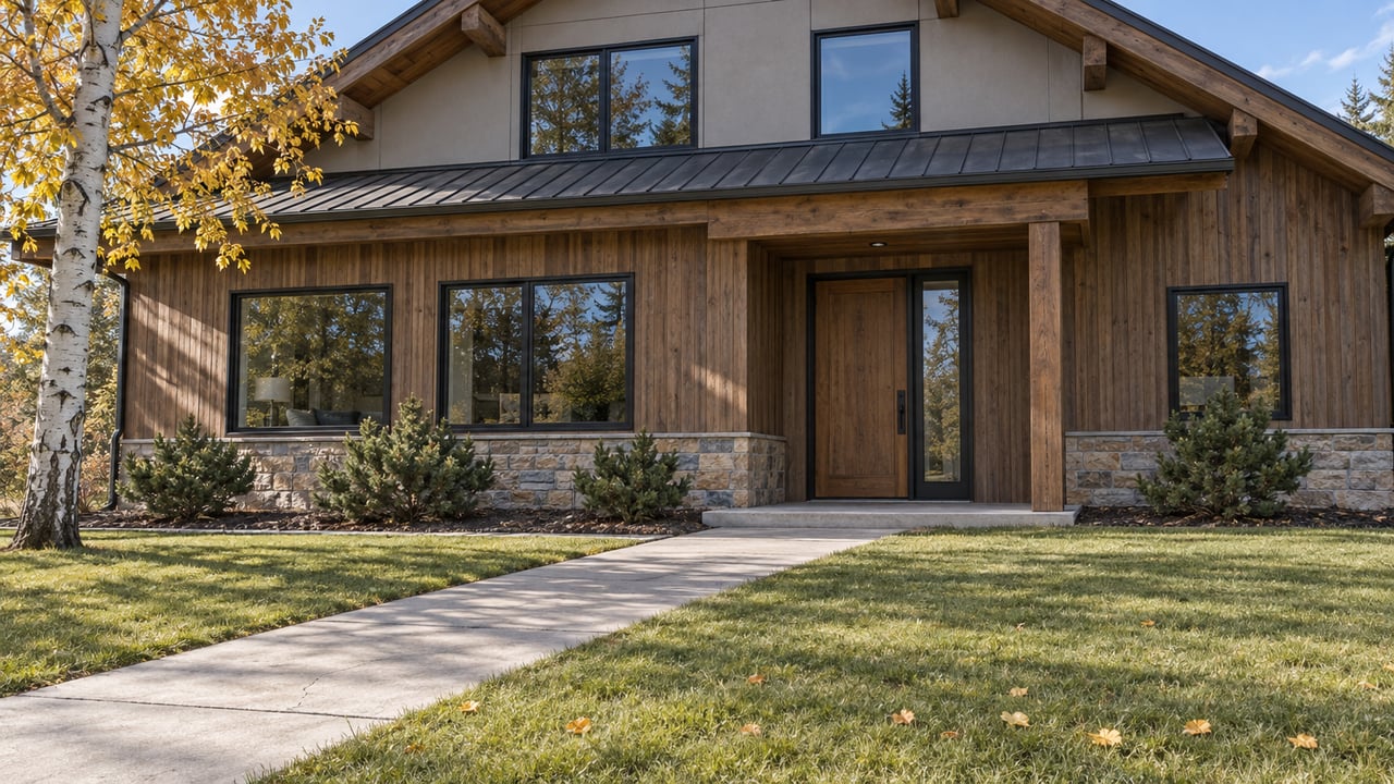 Timber-clad home with a broad metal-roofed gable, black-framed windows, a deep autumn lawn, and one golden-leaved aspen.