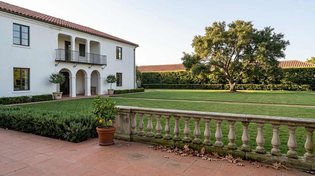 Terracotta terrace overlooks a broad lawn, mature oak, and white stucco estate with arched loggia.