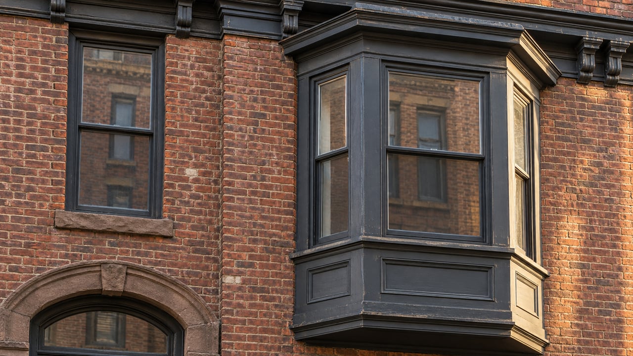 Close view of a red brick residential facade with a charcoal-painted bay window, worn sandstone trim and warm afternoon light.
