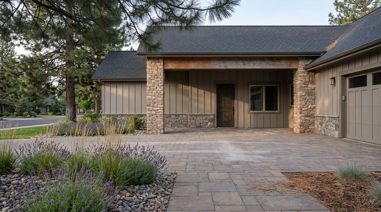 Stone-and-timber portico frames a taupe Craftsman home and paver driveway bordered by lavender and grasses.