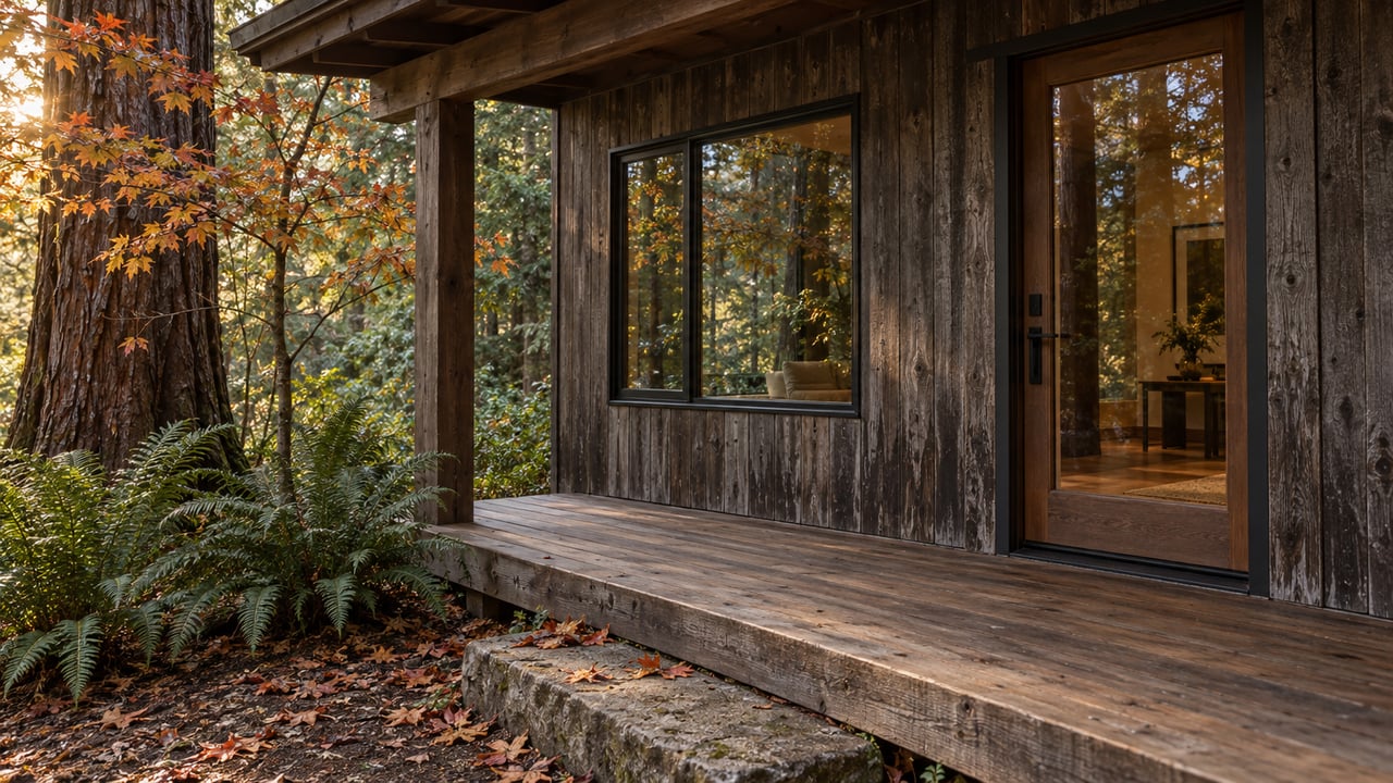 Weathered cedar entry with a glass-paneled door, beside a redwood trunk and russet-leaved vine maple.