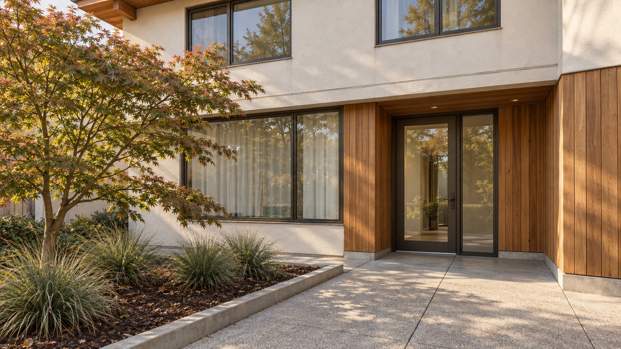 Condominium entry with off-white stucco, cedar siding, bronze-framed windows and a maple beside a concrete courtyard approach.