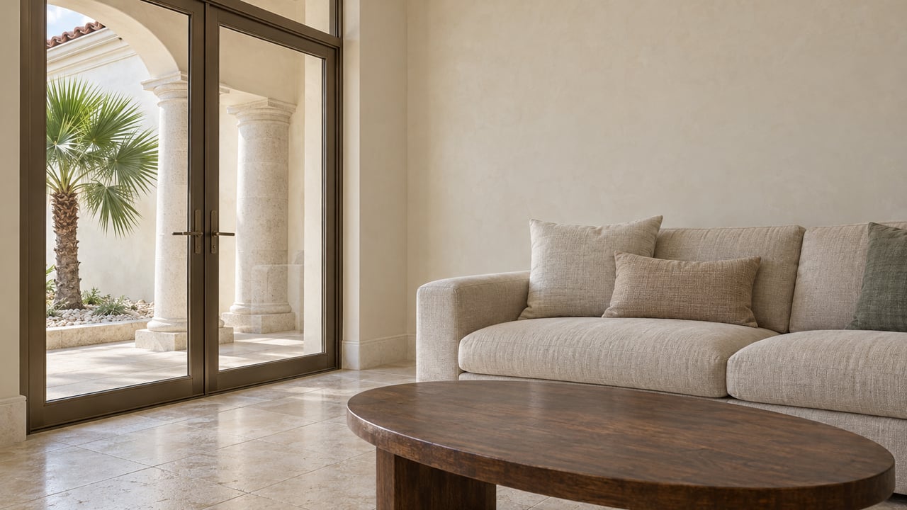 Linen sofa and walnut table in a bright limestone-floored living room, with closed glass doors overlooking a stucco arch and a fan palm.
