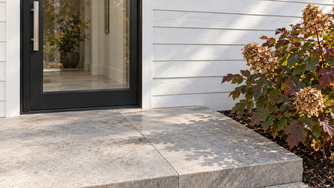 Close view of a white cedar house entry with a black glazed door, pale limestone landing and burgundy-green oakleaf hydrangea.
