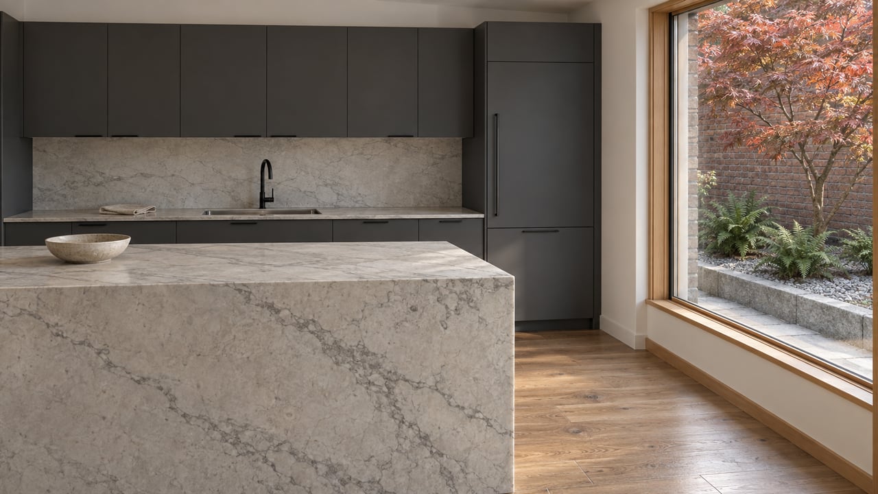 Compact condo kitchen with charcoal cabinetry, a pale stone waterfall island, worn oak flooring and a closed window overlooking autumn maple leaves and a brick courtyard wall.