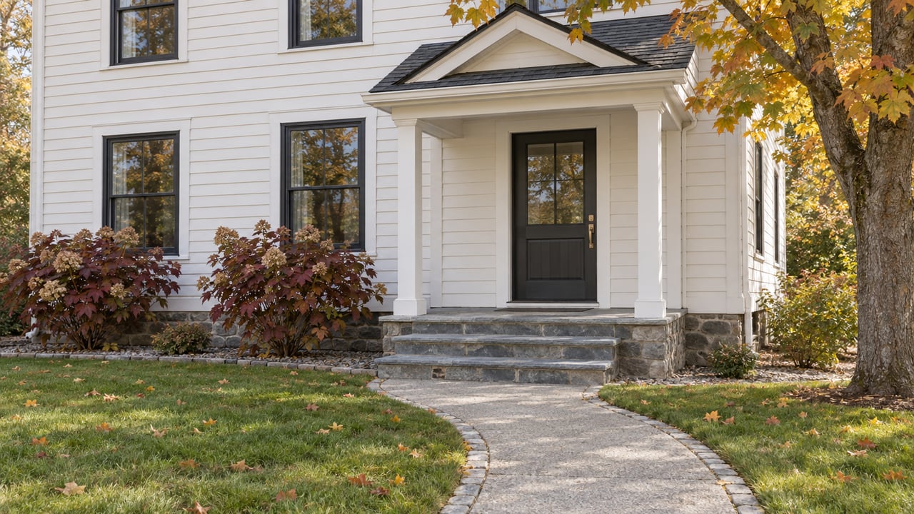 Autumn light on a white clapboard home's covered stone entry, with amber maple leaves and a curved front walk.