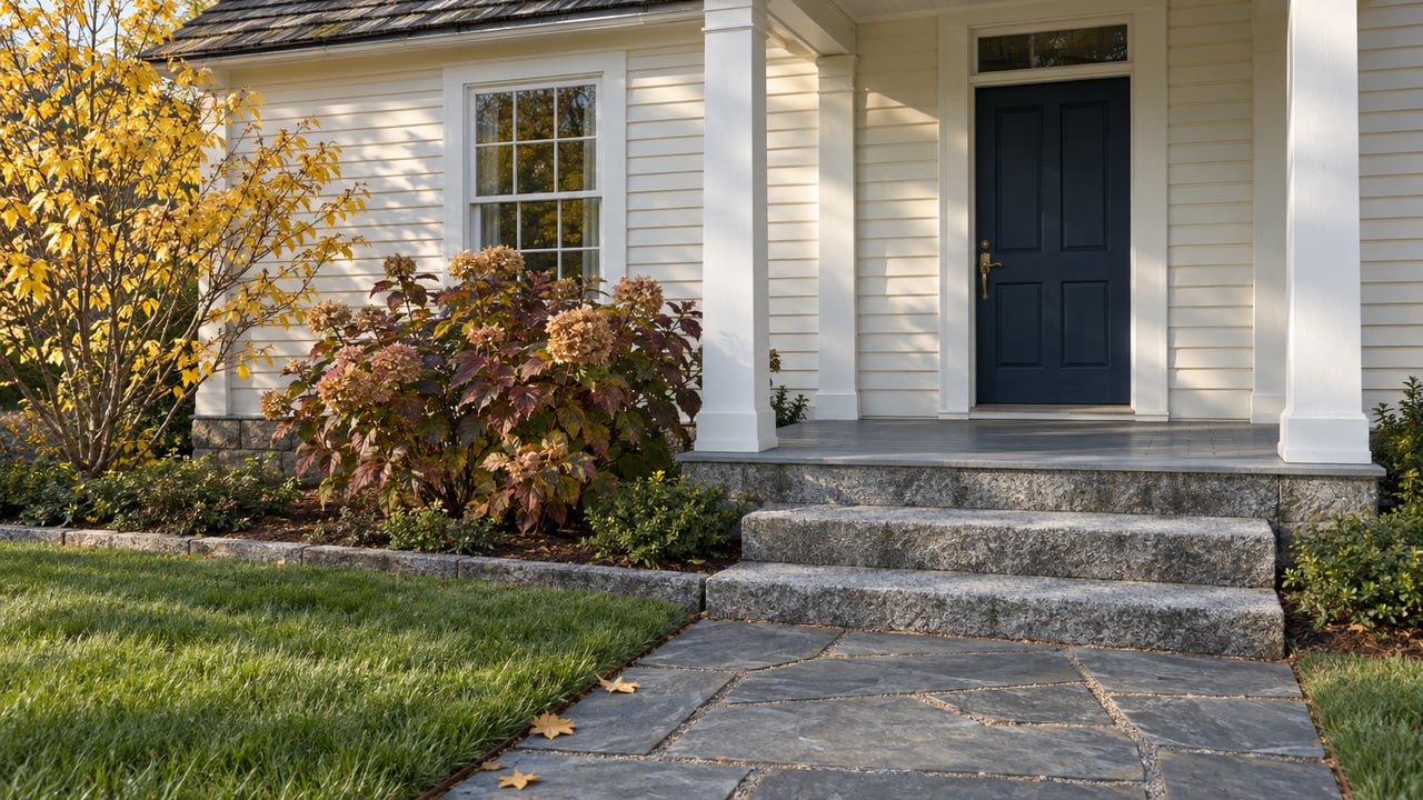 Morning light across a slate walk and granite steps leading to a blue door in a cream clapboard home, beside autumn hydrangea foliage.