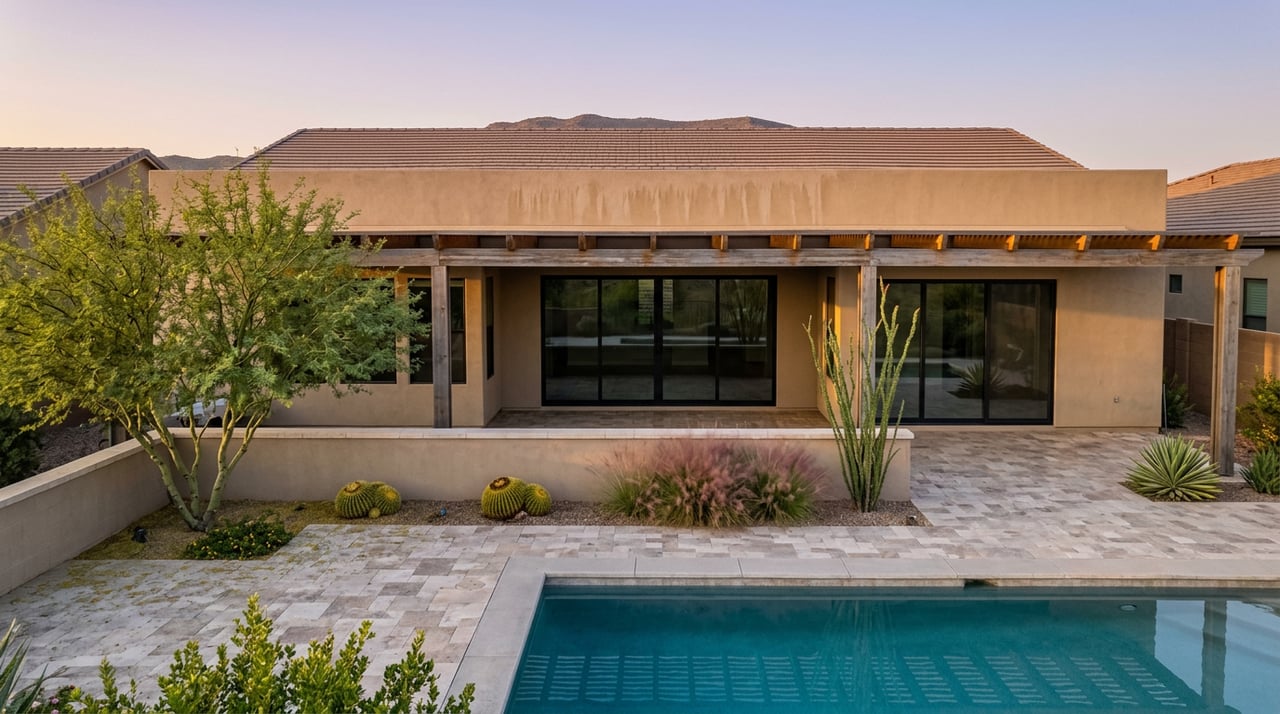 Desert-contemporary home behind a turquoise pool, with a palo verde tree, cacti, and agave along the patio.