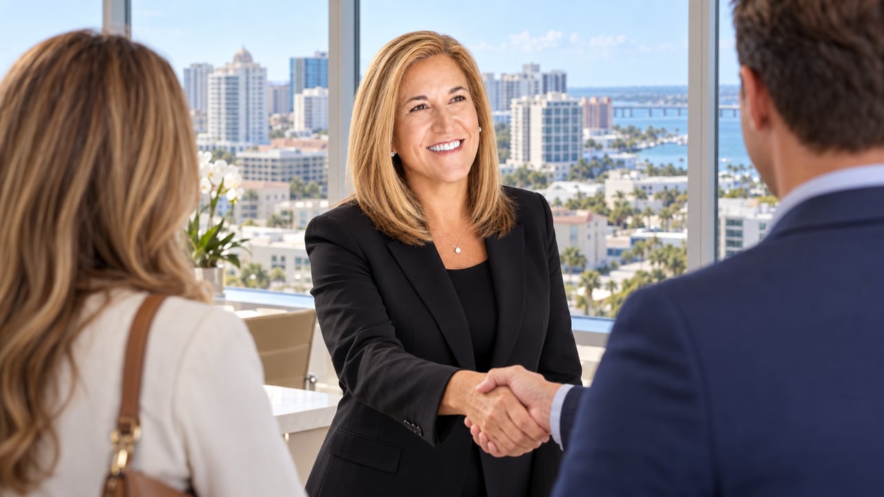 Real estate agent shakes hands with a client in an office overlooking a waterfront skyline.