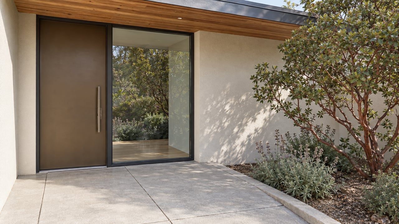 Recessed home entry with cedar soffit, bronze door, dark-framed glass and a concrete landing beside manzanita and sage.