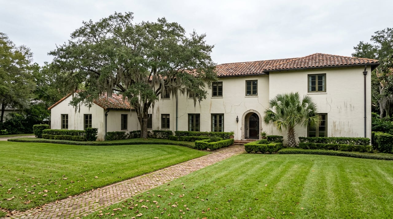 Two-story cream stucco estate with a terracotta tile roof, partly screened by a moss-draped live oak; brick path crosses the lawn.