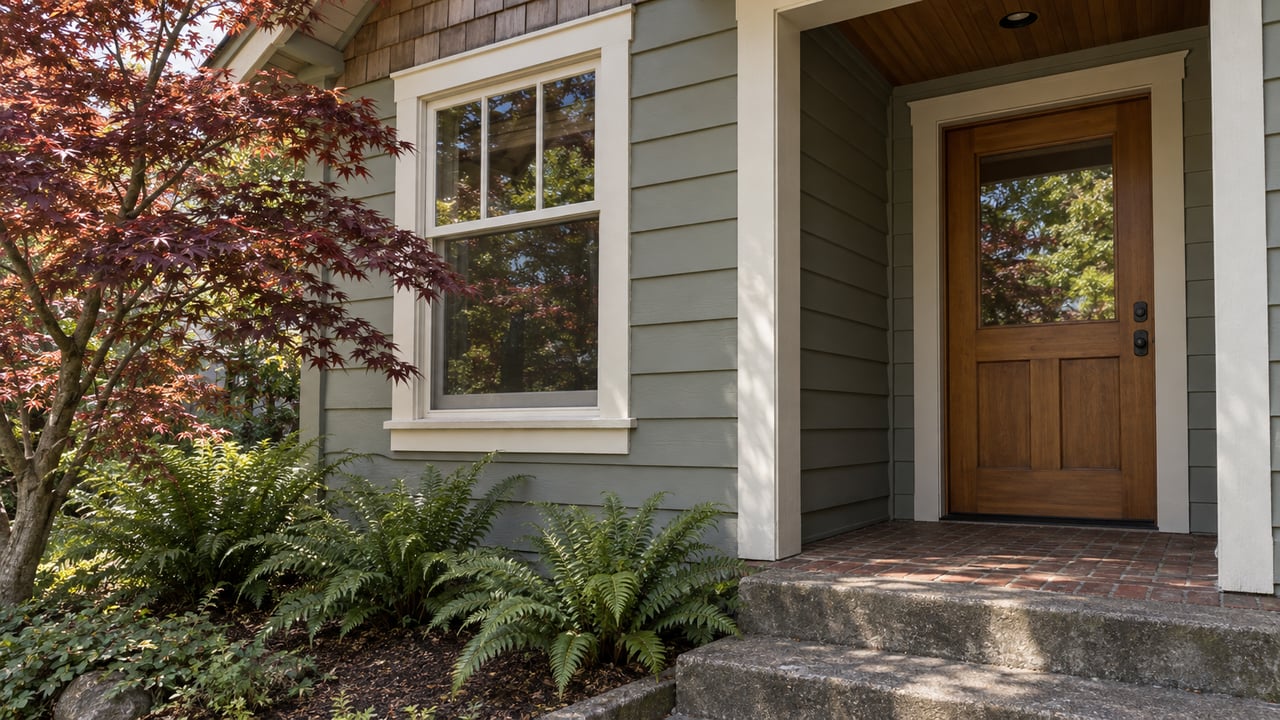 Older Craftsman home with sage-gray siding, a fir entry, brick landing, and burgundy maple leaves by the window.