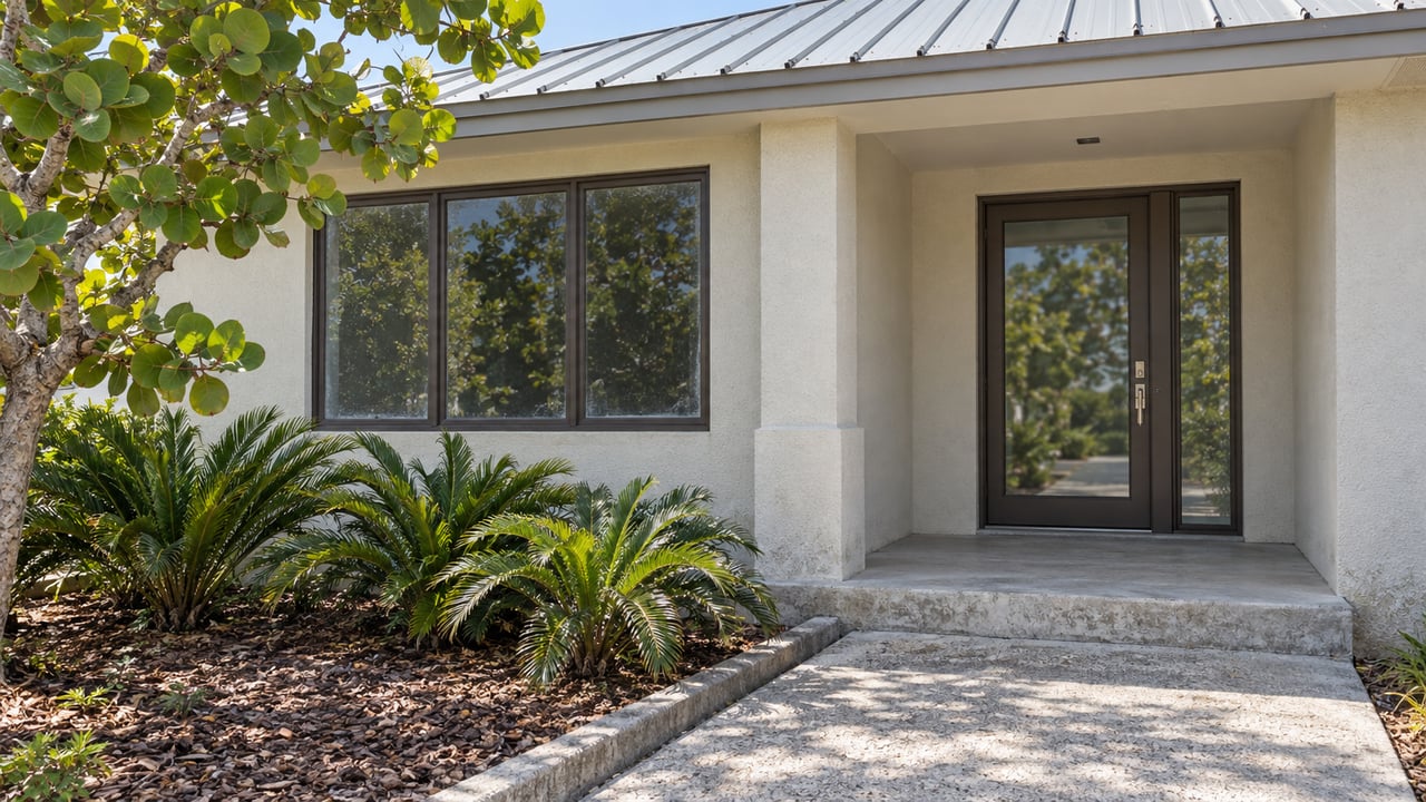 Ivory stucco home with a recessed entry, bronze-framed windows, concrete approach and sculptural coastal planting.