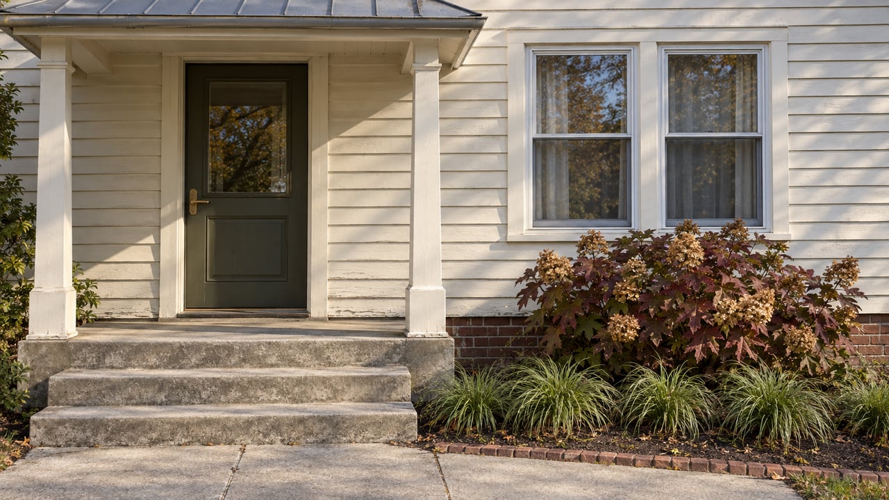 Cream clapboard home with an olive front door, paired sash windows, worn concrete steps and autumn oakleaf hydrangea.