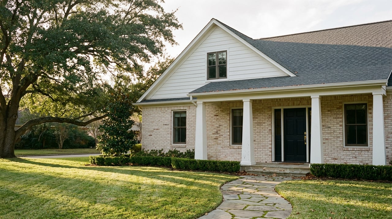 Two-story brick-and-white-sided home with a covered porch, spreading oak, and curved flagstone walk across lawn.