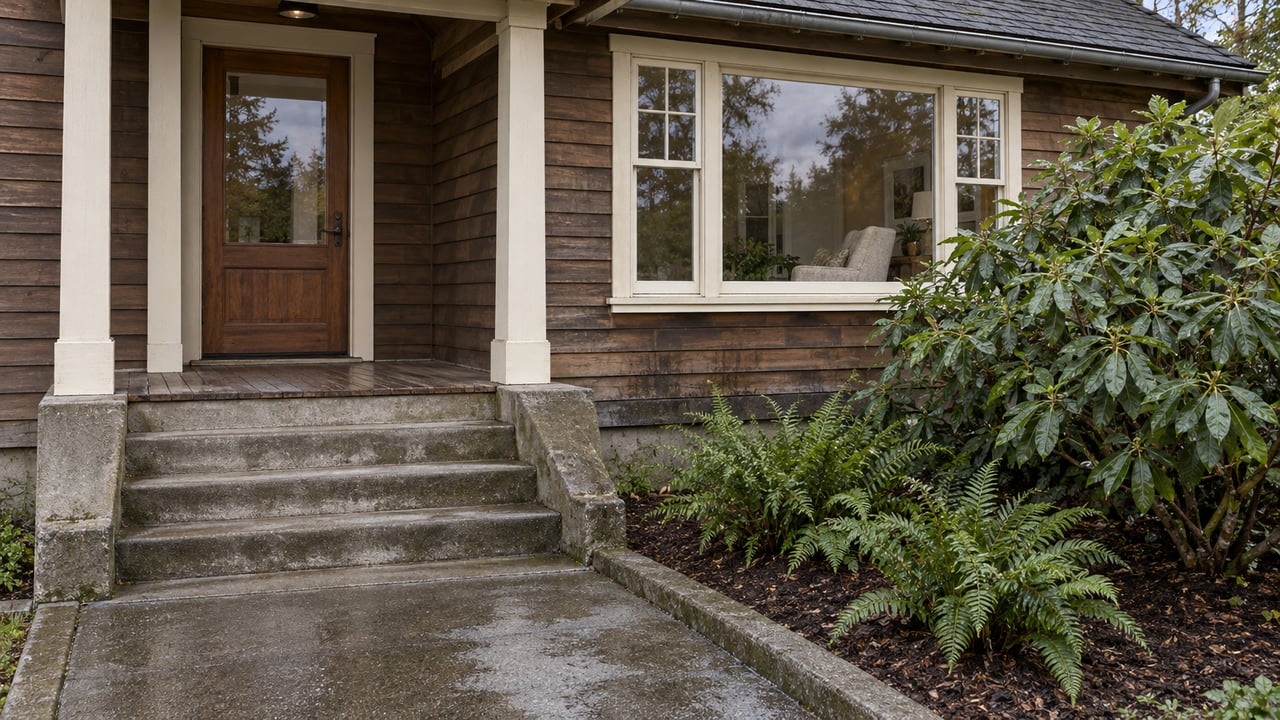 Weathered cedar house with a sheltered glazed entry, broad concrete steps and a rain-damp garden of rhododendron and sword ferns.