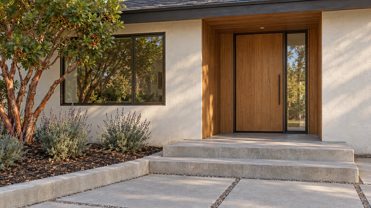 Sunlit stucco and cedar house entry with an oak door, concrete steps, strawberry tree, and flowering sage.
