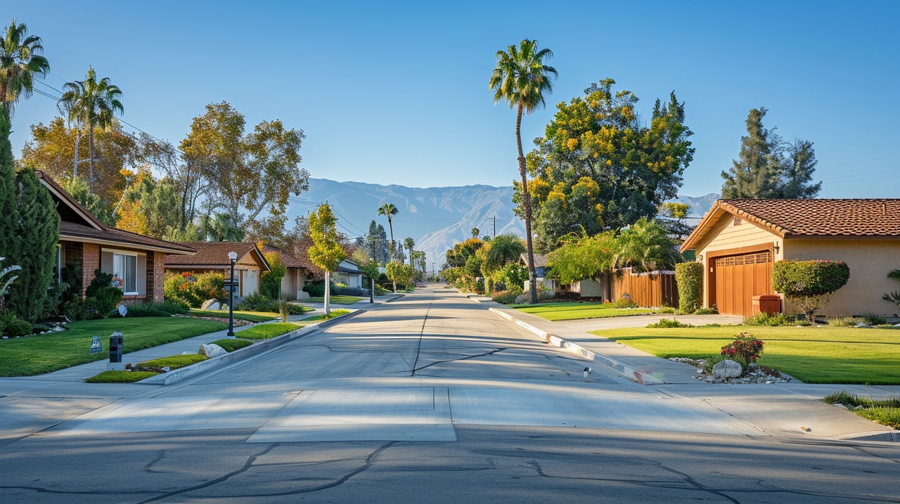 Residential street with palm trees and homes, backed by distant mountains.