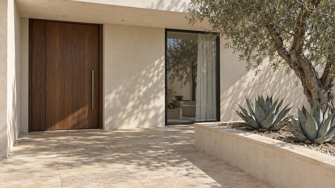 Warm stucco entry with a walnut door, charcoal-framed window, limestone paving and a raised bed containing an olive tree and two agaves.