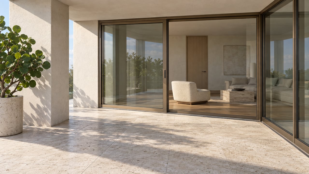 A covered luxury condo terrace with pale limestone flooring, bronze-framed glass and a sea grape specimen beside a white structural pier.