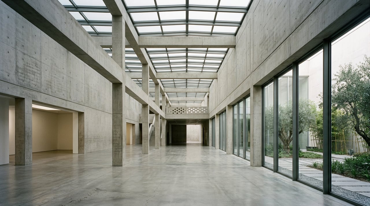 Great room seen from a mezzanine, with a foreground railing, exposed wood beams, and low sunlight crossing the floor.