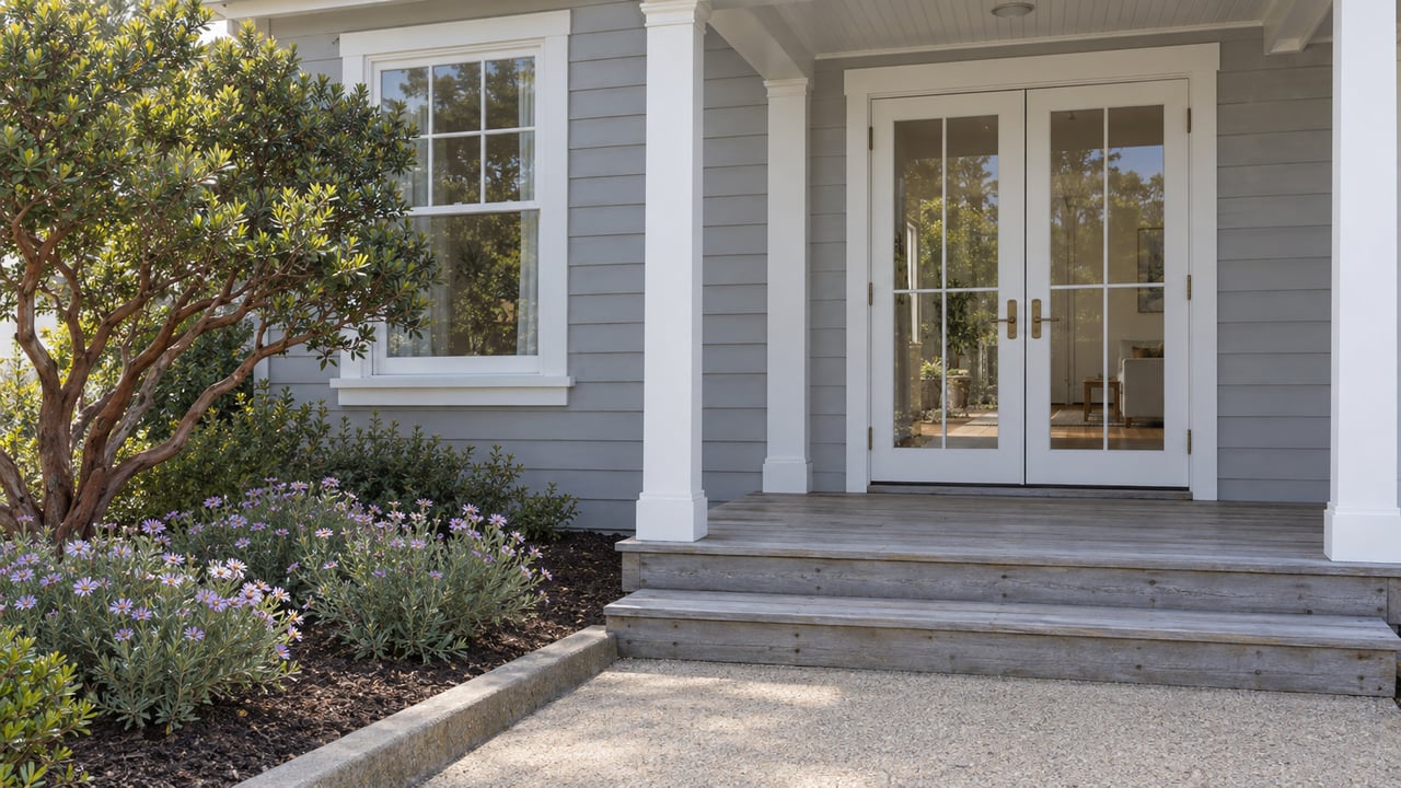 Gray wood cottage entrance with white French doors, weathered porch steps and a flowering garden beneath a sculptural manzanita.