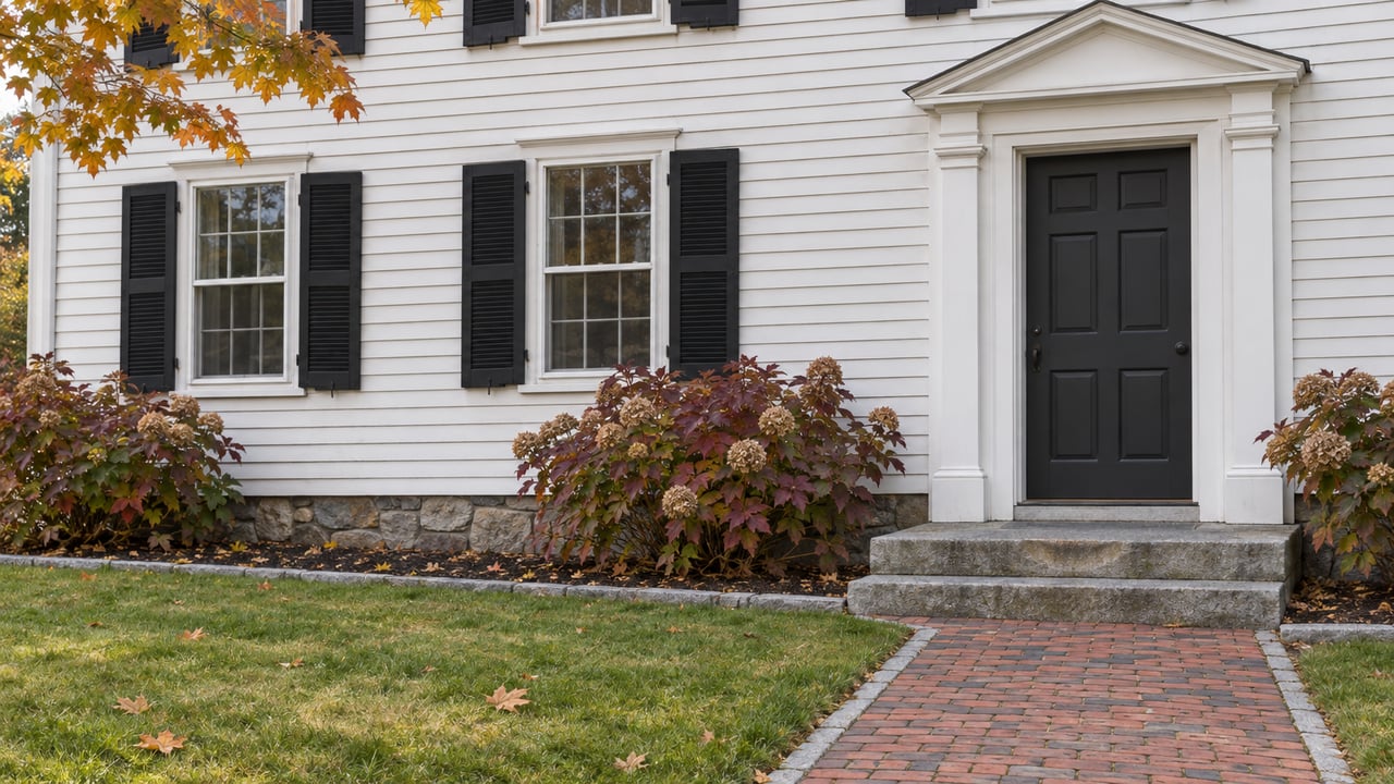 White clapboard home with black shutters, a pedimented front entrance, worn granite steps and a brick walk across an autumn lawn.