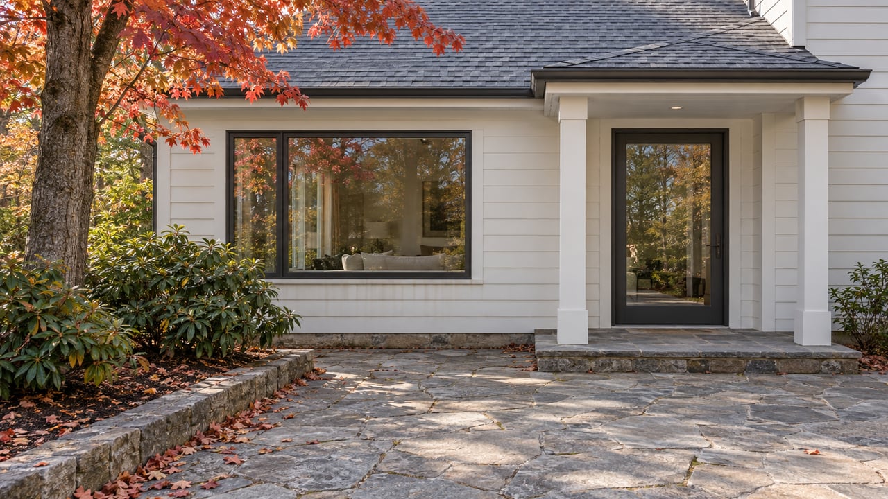 White-sided home with dark window trim and a weathered stone terrace beneath red-orange maple leaves.