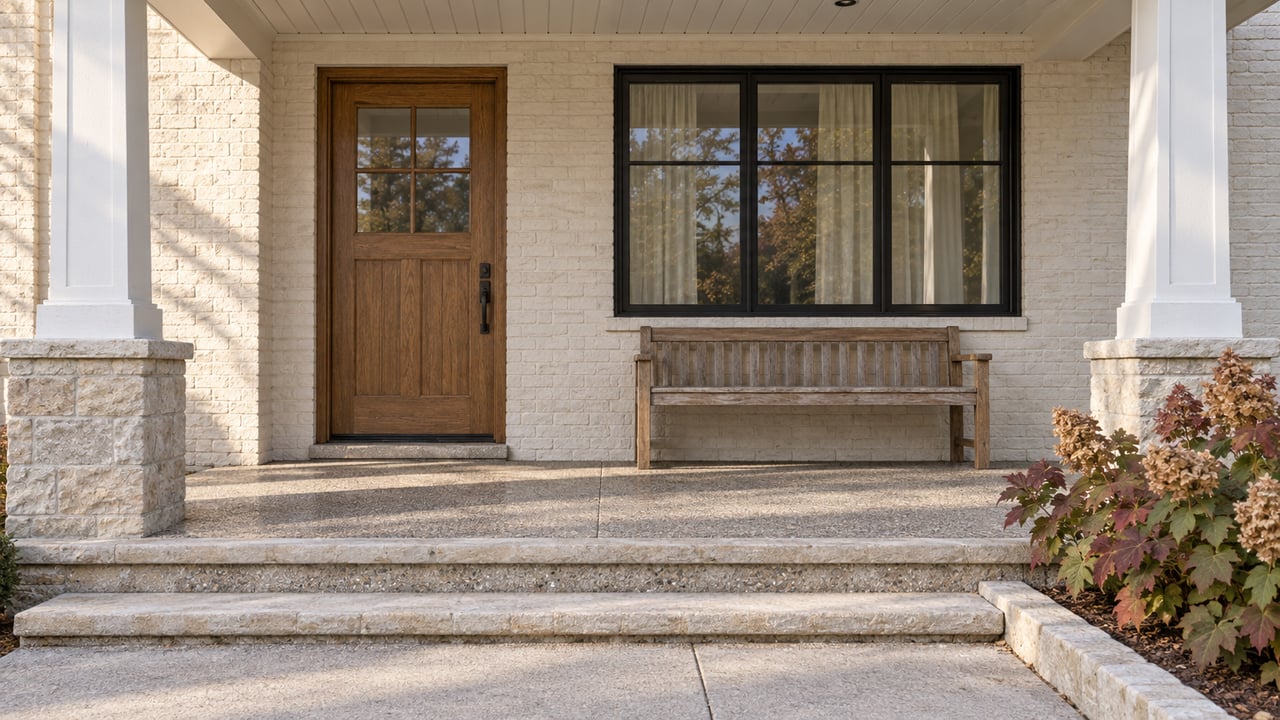 Sunlit covered porch with an oak front door, ivory painted brick, black-framed window, worn oak bench and autumn oakleaf hydrangea beside limestone steps.
