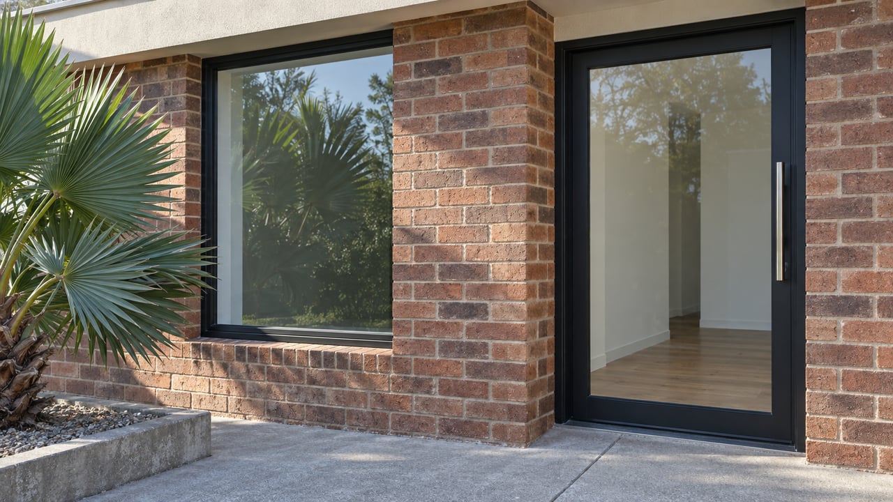 Morning light on a brick and cream residential entry with black-framed glass, a concrete landing and a sculptural fan aloe.