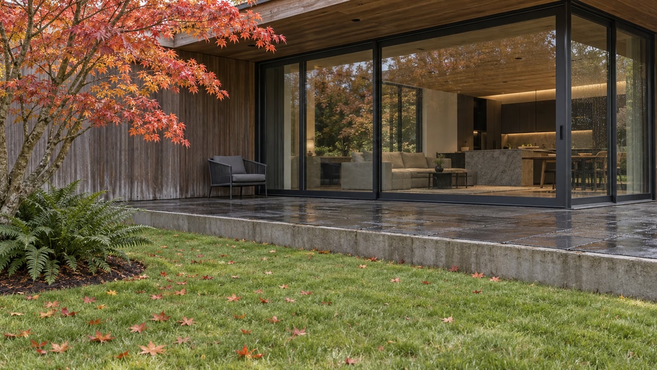 Contemporary home with glass doors and cedar siding behind a basalt terrace, lawn, and red-orange maple leaves.