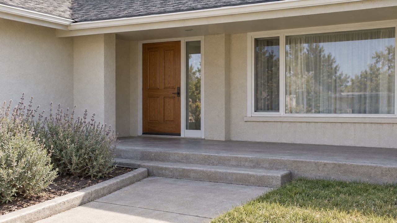 A sheltered wood front door and broad window in a light stucco single-story home, above worn concrete steps and silver-green sage.