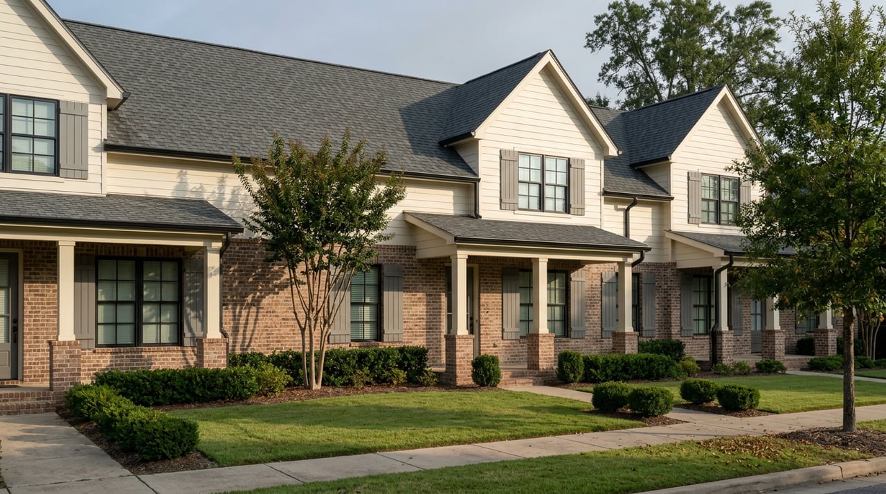 Three attached townhomes with ivory siding, brick facades, recessed porches, and a narrow lawn.