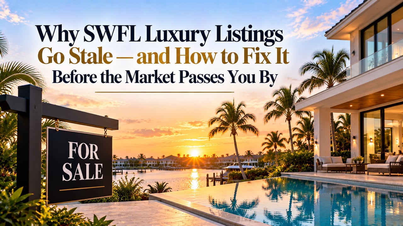 Luxury Southwest Florida waterfront home at sunset featuring a private infinity pool, tropical landscaping, and a For Sale sign, illustrating why luxury real estate listings go stale in Naples, Fort Myers, and Bonita Springs and how strategic pricing, professional marketing, and improved presentation can help sellers attract buyers.