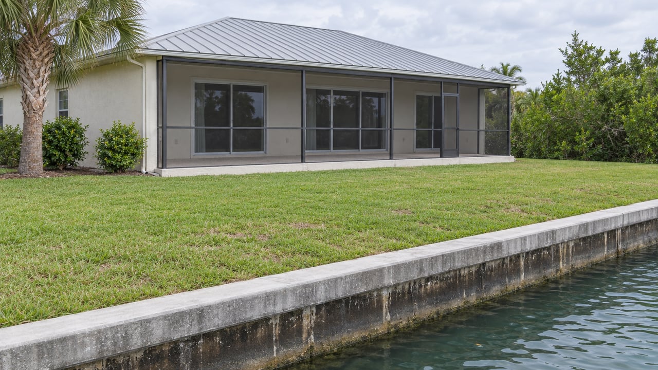 Canal-side home with a screened lanai, open lawn, palm tree, and seawall beside rippled water.