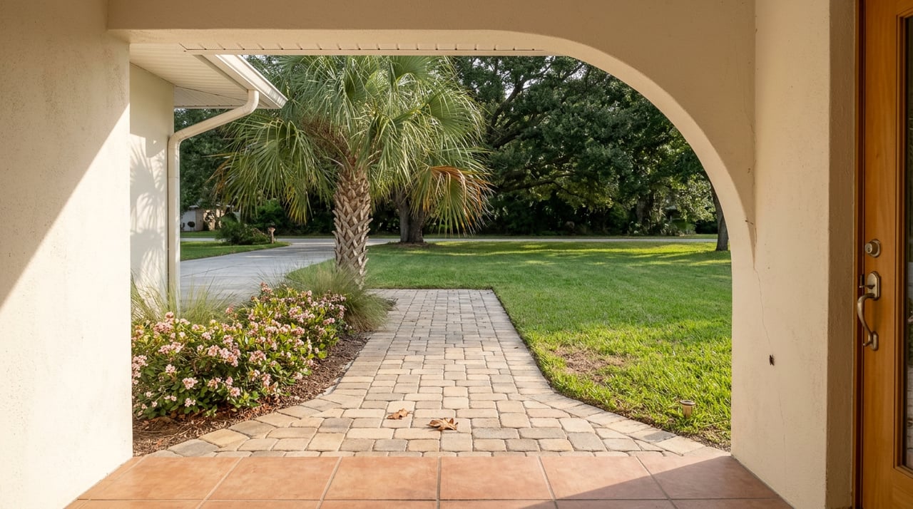 Paver walkway from a stucco entry, bordered by pink-blooming shrubs and lawn beneath a broad live oak.