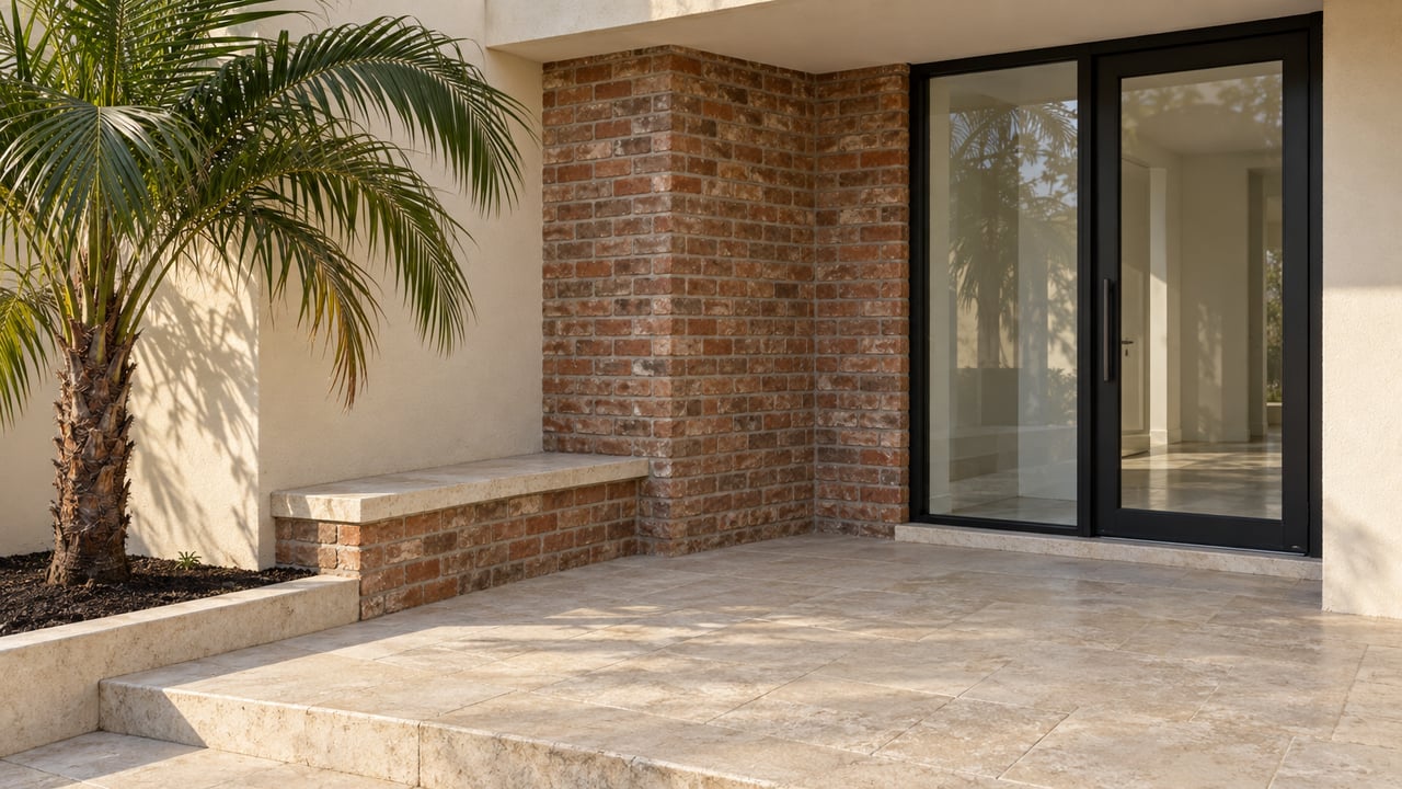 Warm afternoon light crosses a limestone entry terrace beside red-brown brick, cream stucco, a black-framed glass door and a single arching palm.