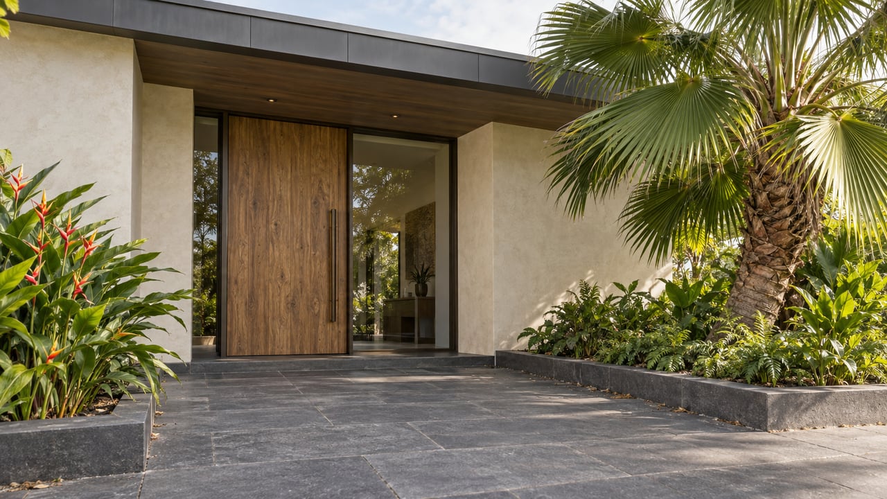 A recessed honey-brown timber door sits beneath a broad roof eave, framed by a fan palm and tropical planting.