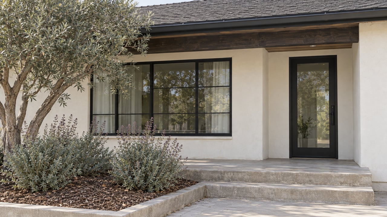 Sunlit plaster home entry with black-framed glazing, concrete steps and a mature olive tree.