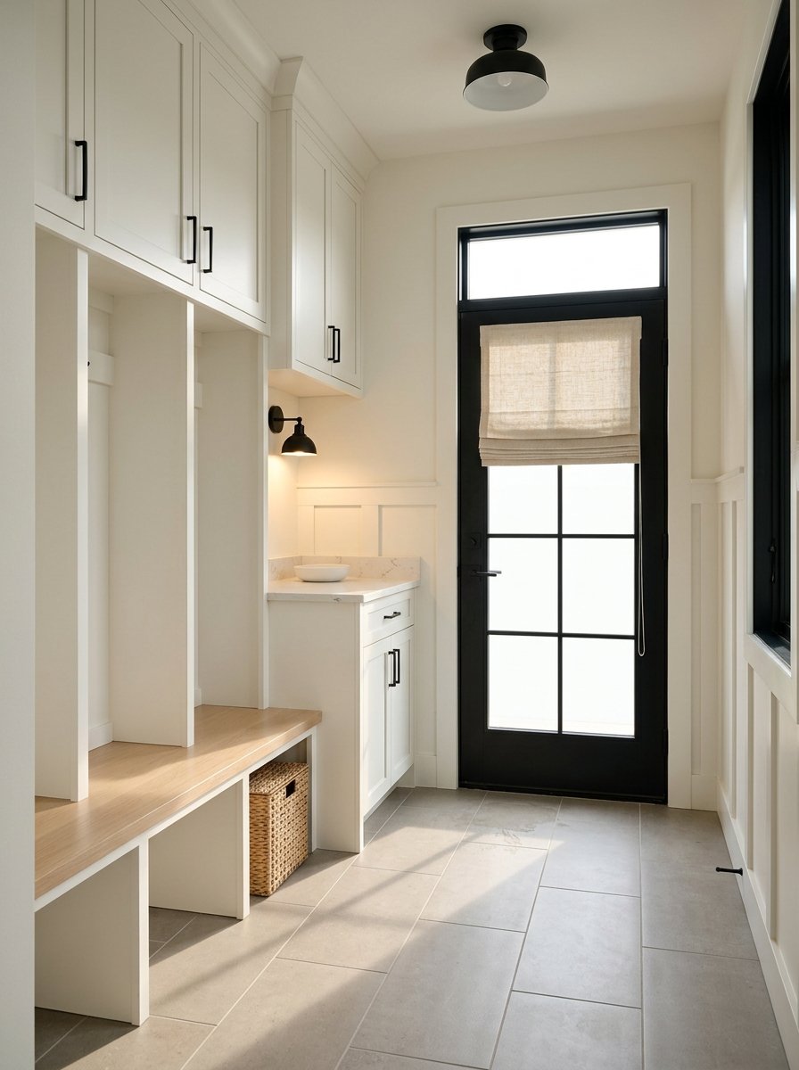 Built-in mudroom bench with cubbies beside a black-framed glass door and quartz counter.