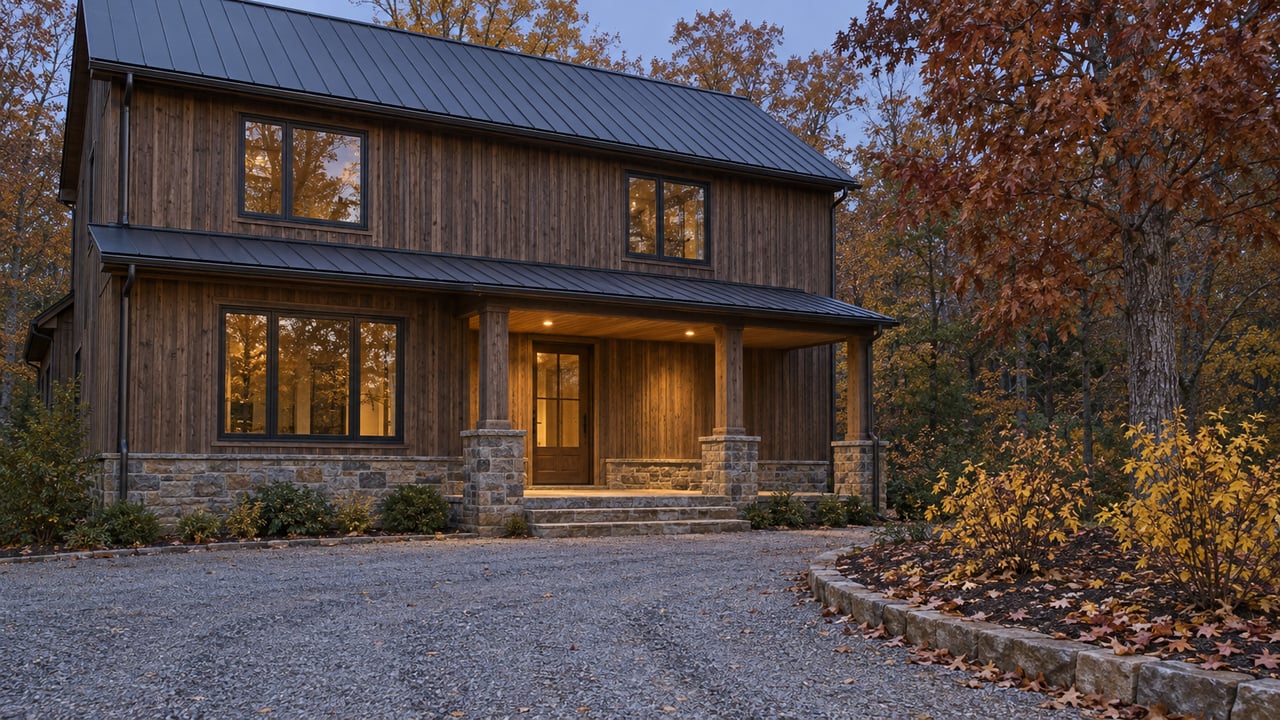 Timber-sided country home with a stone porch and gravel arrival court beneath autumn hardwood trees at blue hour.