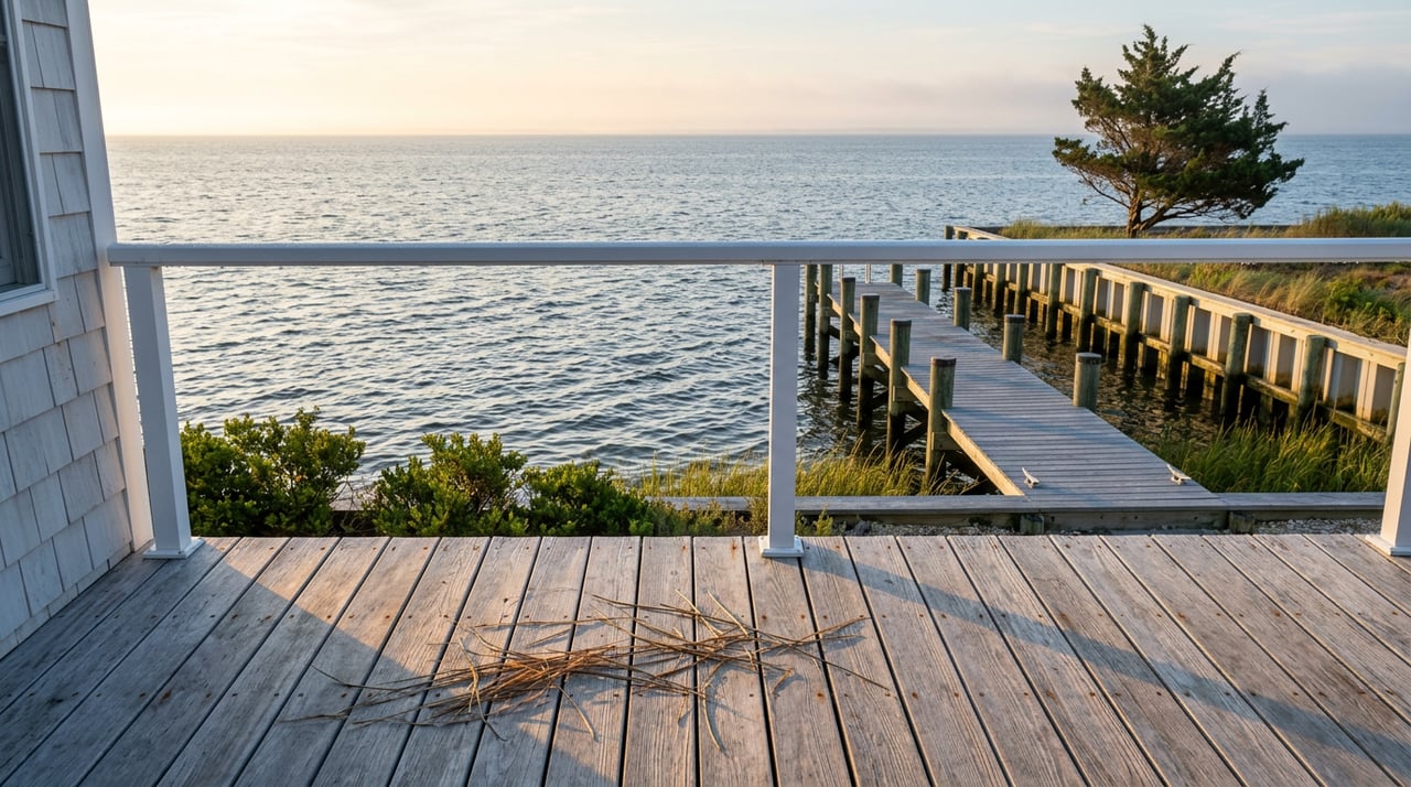 Weathered coastal deck overlooking a private dock and gently rippled bay, with a cedar tree on the far shore.